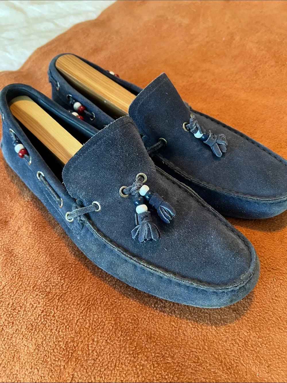 Gucci Navy Suede Tassel Loafers with Bead Accents 212190